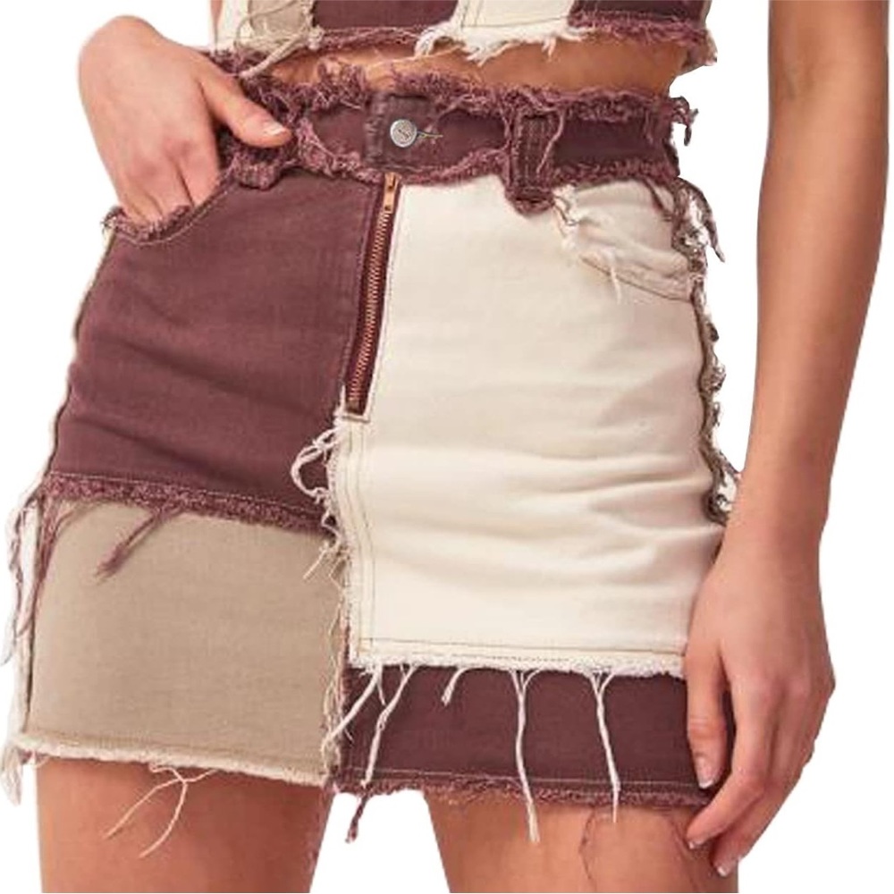 Maroon and tan distressed skirt